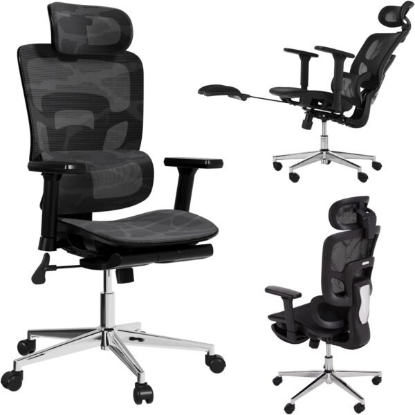 Novilla Cadeira de escritório ergonômica - encosto de cabeça ajustável e suporte lombar, apoio de braço 3D, apoio para os pés retrátil, cadeira de jogos de malha com encosto alto - preta