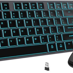 POWZAN Teclado e mouse sem fio retroiluminados, combo de mouse e teclado sem fio recarregável silencioso, mouse Jiggle, teclado USB sem fio de 2,4 G, tamanho completo para Apple iMac, MacBook, laptop