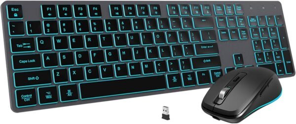POWZAN Teclado e mouse sem fio retroiluminados, combo de mouse e teclado sem fio recarregável silencioso, mouse Jiggle, teclado USB sem fio de 2,4 G, tamanho completo para Apple iMac, MacBook, laptop