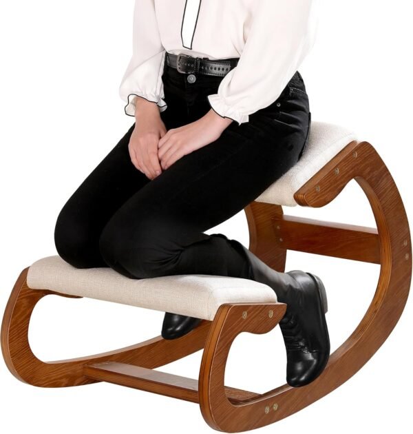 Predawn Cadeira Ergonômica de Joelhos, Cadeira de Balanço para Postura Vertical, para Meditação em Casa ou Escritório, Almofada de Madeira e Linho, Alívio da Dor no Pescoço e nas Costas