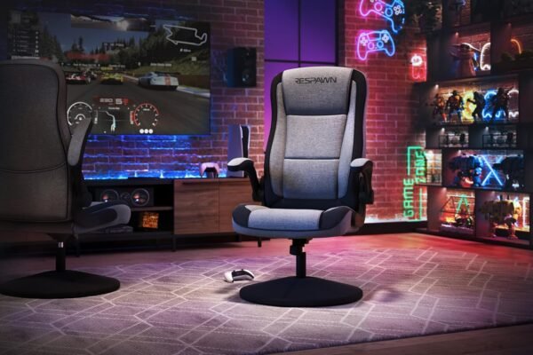 RESPAWN Cadeira para jogos 800 – Balancim giratório com encosto alto, design ergonômico de piso para crianças e adultos, poltrona reclinável com apoios de braços – tecido cinza - Imagem 2