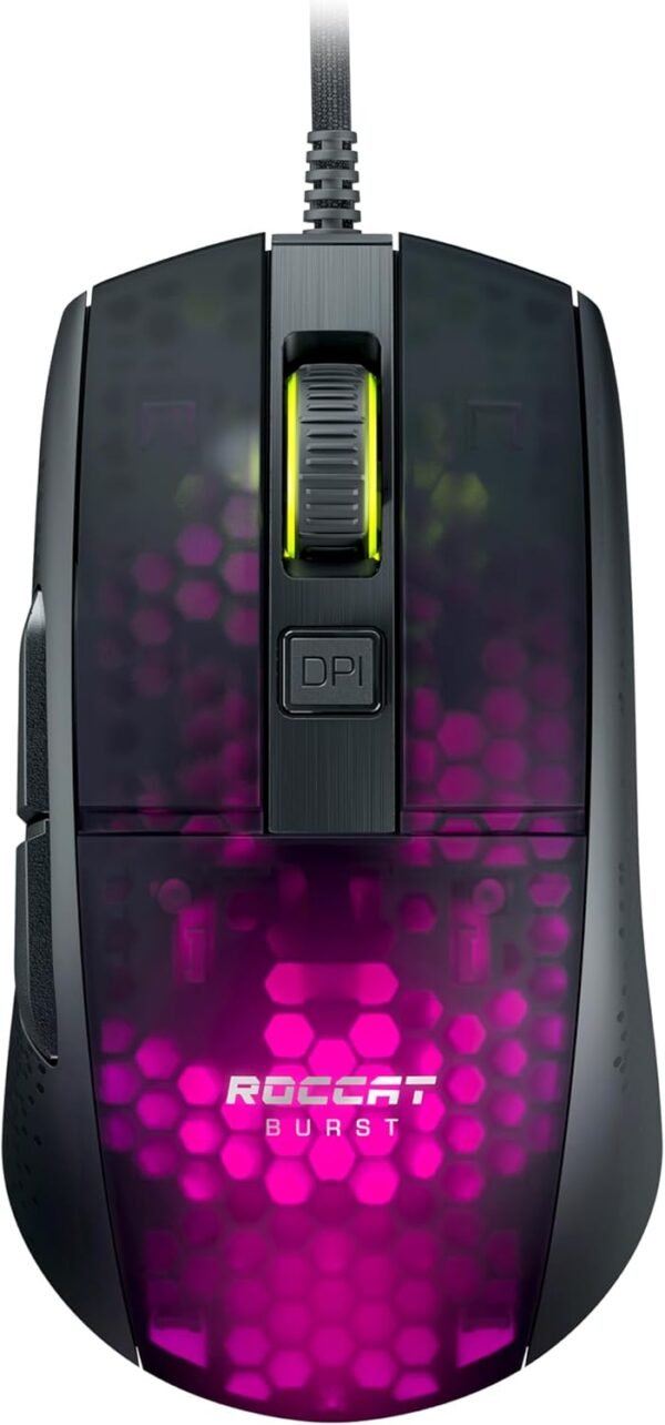 ROCCAT Mouse para jogos Burst Pro PC, interruptores ópticos, mouse de computador ergonômico super leve, iluminação RGB, roda de rolagem Titan, concha biônica, pegada, sensor de olho de coruja, DPI de