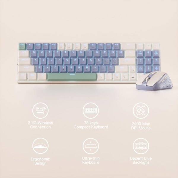 Redragon BS135 Wireless Keyboard and Mouse Combo, 75% 78 Keys 2.4Ghz Wireless Low-Profile Mechanical Keyboard w/Rechargeable Battery, Single Blue Blacklight, 2400 DPI Ergonomic Mouse (Lollipop Blue) - Imagem 2