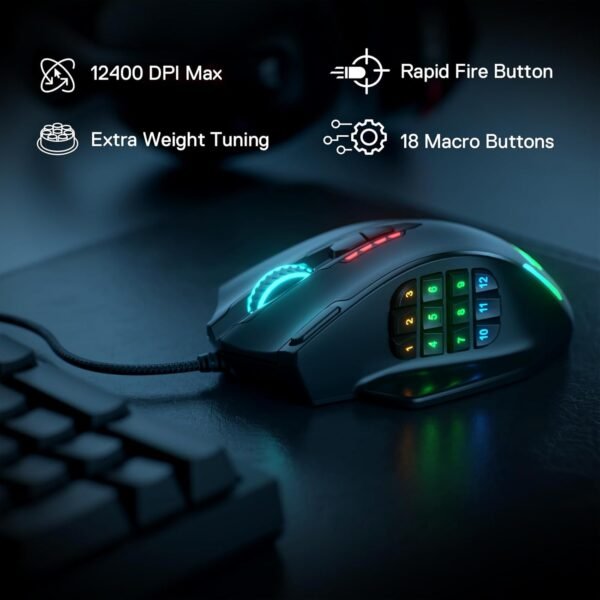 Redragon Mouse M908 Impact RGB LED MMO com botões laterais Mouse para jogos com fio óptico com 12.400DPI, alta precisão, 20 botões programáveis para mouse - Imagem 2