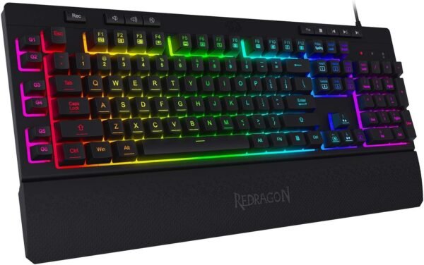 Redragon Teclado para jogos K512 Shiva RGB com membrana retroiluminada com teclas multimídia, interruptor mecânico linear, 6 teclas macro extras integradas, controle de mídia dedicado, descanso de