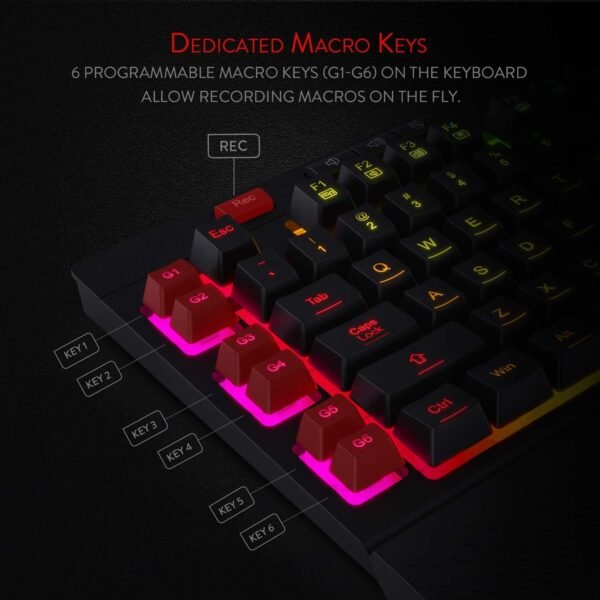 Redragon Teclado para jogos K512 Shiva RGB com membrana retroiluminada com teclas multimídia, interruptor mecânico linear, 6 teclas macro extras integradas, controle de mídia dedicado, descanso de - Imagem 2