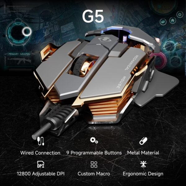 SEUNKWANG EWEADN G5 Mouse para jogos com fio, mouse de computador RGB ergonômico, 12800 DPI ajustável, 9 botões macro programáveis com chave de disparo rápido compatível com PC/laptop/Windows-cinza - Imagem 2