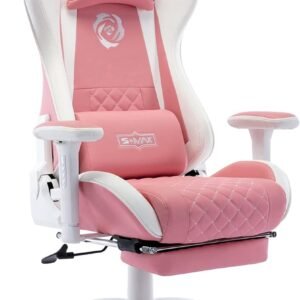 S*MAX Cadeira de jogos rosa com apoio para os pés, assento espesso, cadeira ergonômica rosa para jogadores com apoio de braço 3D, encosto de cabeça de couro sintético e suporte lombar, cadeira de
