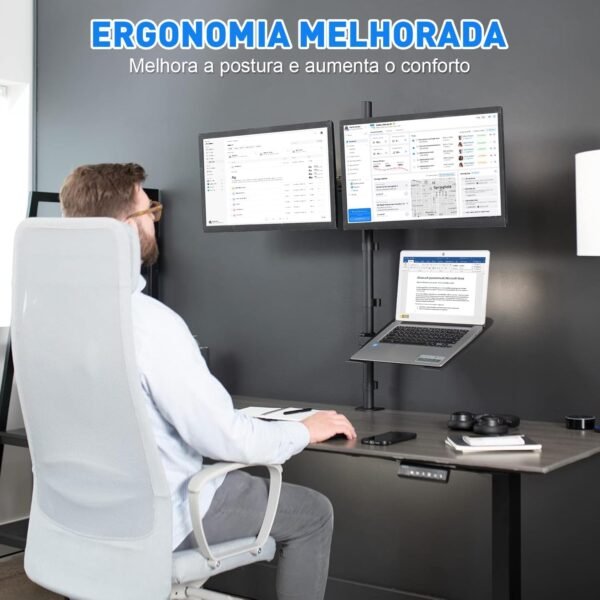 Suporte Articulado para Monitor Duplo e Notebook, Suporte articulado monitor, Design Ergonômico e Ajustável, Braço articulado monitor, Compatível com Telas de até 32" e Notebooks de 17" - Imagem 2