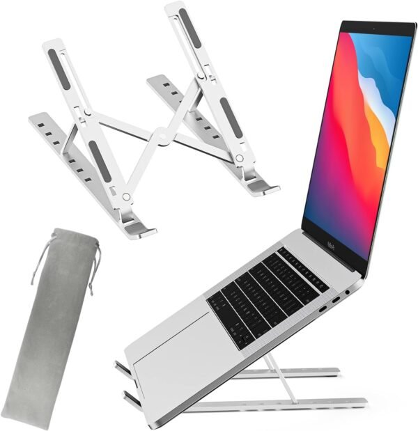 Suporte Base Apoio de Mesa Standing Desk em Alumínio Cromado para Notebook, Tablet, Smartphone e Livro. Resistente, Leve, Estável, Ergonômico, Dobrável e Angulável para Laptops de até 17"