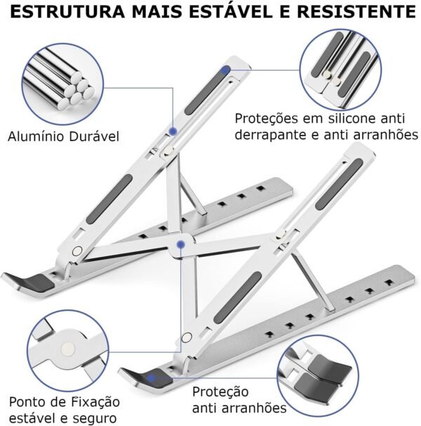 Suporte Base Apoio de Mesa Standing Desk em Alumínio Cromado para Notebook, Tablet, Smartphone e Livro. Resistente, Leve, Estável, Ergonômico, Dobrável e Angulável para Laptops de até 17" - Imagem 2