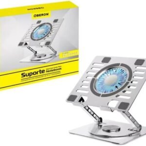 Suporte para Notebook, Tablet iPad com Cooler 110x15mm em alumínio, rotaciona 360°, 2 Portas USB, Design Ergonômico, Ajustável para 11 a 17 pol., Proteção Contra Superaquecimento