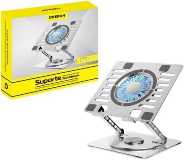 Suporte para Notebook, Tablet iPad com Cooler 110x15mm em alumínio, rotaciona 360°, 2 Portas USB, Design Ergonômico, Ajustável para 11 a 17 pol., Proteção Contra Superaquecimento