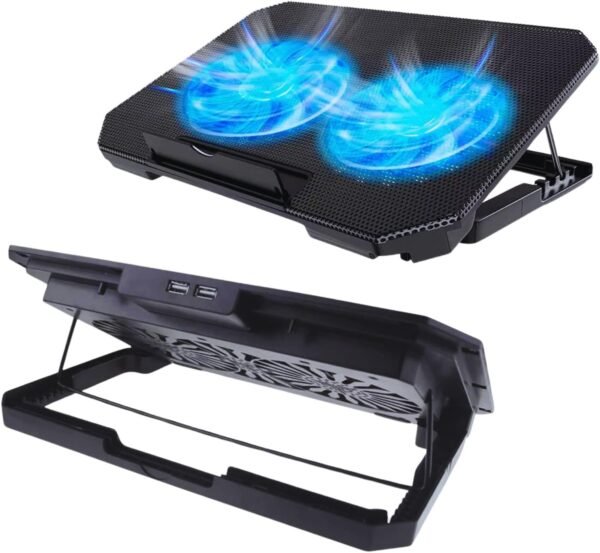 Suporte para Notebook com Base Refrigerada – 2 Coolers Silenciosos, LED Azul, Altura Ajustável, USB Extra, Compatível com Laptops de 12" a 17"