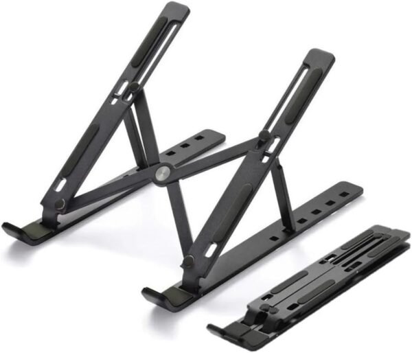 Suporte para Notebook e Tablet Universal em Alumínio Dobrável e Ergonômico Para Desktop Portátil Ajustável em 6 Ângulos com Altura Regulável Leve Apoio Com Estojo para Armazenagem Premium (Preto)