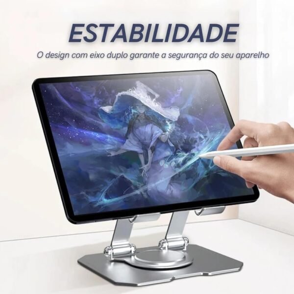 Suporte para Tablet em Aço Carbono Com Metal Resistente Apoio para Mesa Pedestal Portátil Dobrável Articulado Base Rotativa 360º Design Moderno Ajustável Antiderrapante Ampla Compatibilidade - Imagem 2