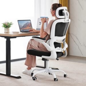 TRALT Cadeira de escritório ergonômica, cadeiras de escritório de malha de 150 kg com rodas, cadeira de jogos confortável, cadeira de escritório com encosto alto para longas horas (preto e branco)