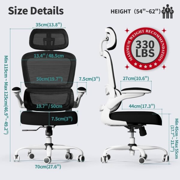 TRALT Cadeira de escritório ergonômica, cadeiras de escritório de malha de 150 kg com rodas, cadeira de jogos confortável, cadeira de escritório com encosto alto para longas horas (preto e branco) - Imagem 2