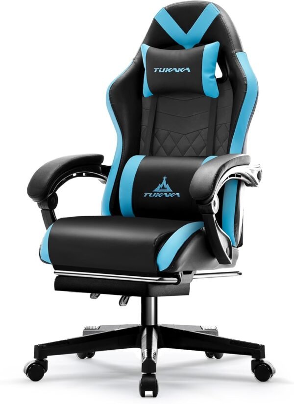 TUKAKA Cadeira de jogos, cadeira ergonômica de massagem, computador, escritório, com apoio para os pés, almofada de mola, cadeira reclinável de couro ajustável para jogadores com encosto de cabeça e