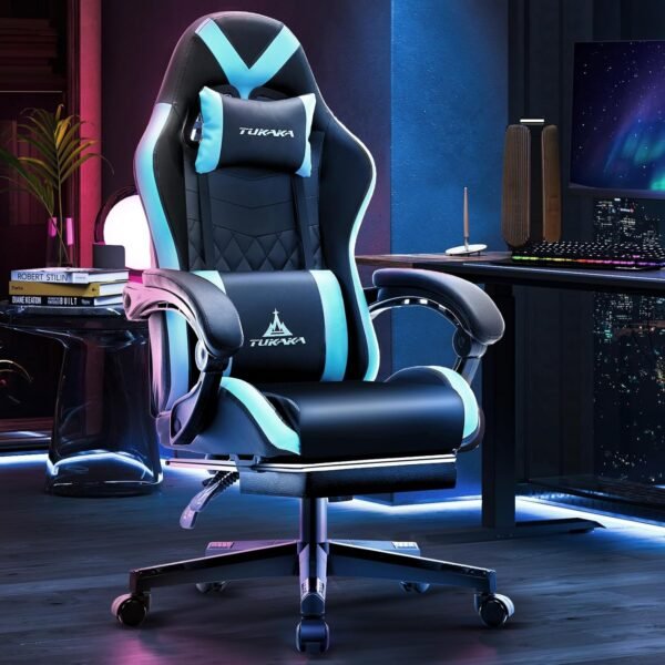 TUKAKA Cadeira de jogos, cadeira ergonômica de massagem, computador, escritório, com apoio para os pés, almofada de mola, cadeira reclinável de couro ajustável para jogadores com encosto de cabeça e - Imagem 2