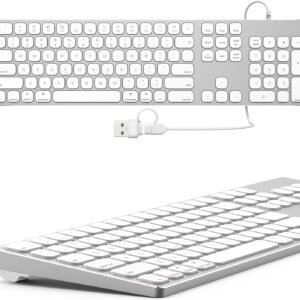 Teclado com fio de alumínio para Mac OS - Teclado USB de tamanho completo com teclado numérico, Plug and Play, compatível com iMac, MacBook, iPad, Mac Mini, design de metal durável (prata)
