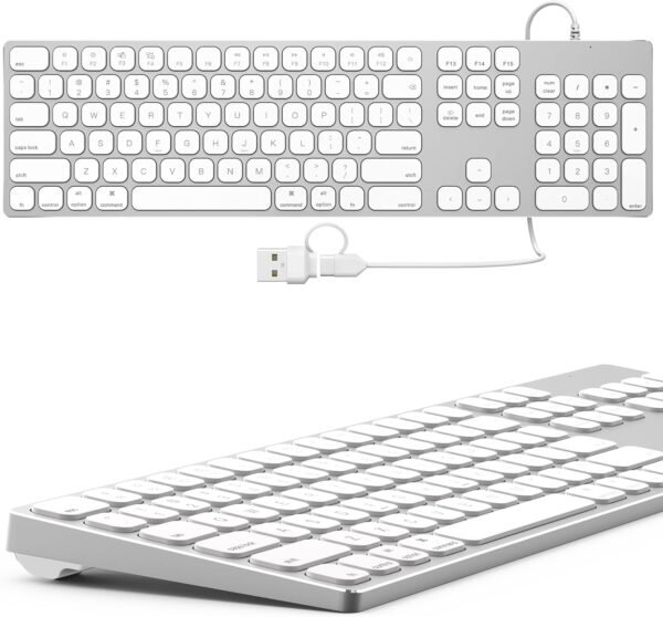 Teclado com fio de alumínio para Mac OS - Teclado USB de tamanho completo com teclado numérico, Plug and Play, compatível com iMac, MacBook, iPad, Mac Mini, design de metal durável (prata)