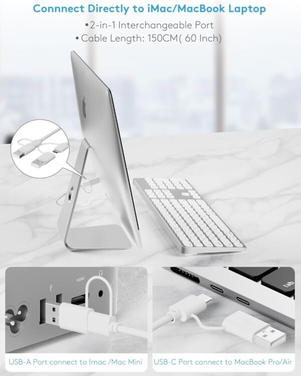 Teclado com fio de alumínio para Mac OS - Teclado USB de tamanho completo com teclado numérico, Plug and Play, compatível com iMac, MacBook, iPad, Mac Mini, design de metal durável (prata) - Imagem 2