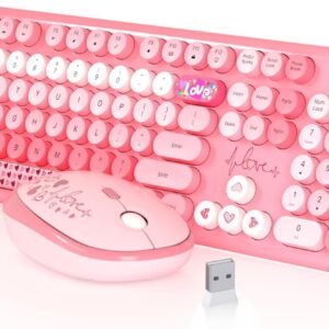Teclado e mouse sem fio, MOFII 104 teclas redondas adorável tamanho completo bonito colorido teclado e mouse com máquina de escrever retrô para PC/Mac/Laptop/Tablet/Computador/Windows Rosa