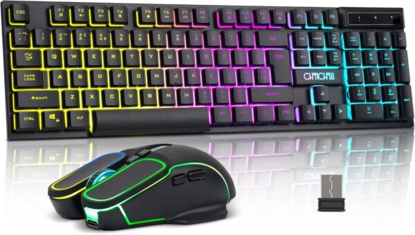 Teclado e mouse sem fio para jogos, bateria recarregável com retroiluminação RGB, sensação mecânica, anti-ghosting, com botão lateral para PC, computador, laptop, compatível com Windows, Mac, PS4/Ps5,