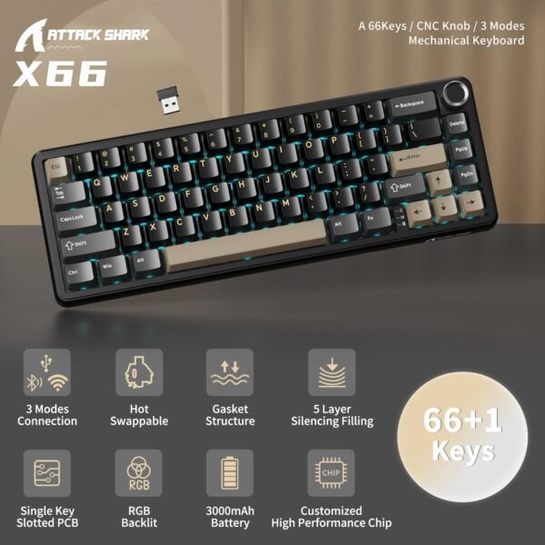 Teclado mecânico sem fio para jogos ATTACK SHARK X66 com botão, modo triplo USB-C/BT5.0/2.4G com junta montada 60% RGB 66 teclas, keycap PBT, interruptor Strawberry Hot Swappable (Star Black) - Imagem 2