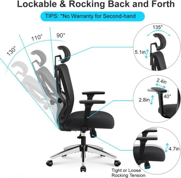 Ticova Cadeira de escritório ergonômica - Cadeira de mesa com encosto alto com suporte lombar ajustável, encosto de cabeça e apoio de braço 3D - Cadeira de computador de malha de balanço 130° - Imagem 2