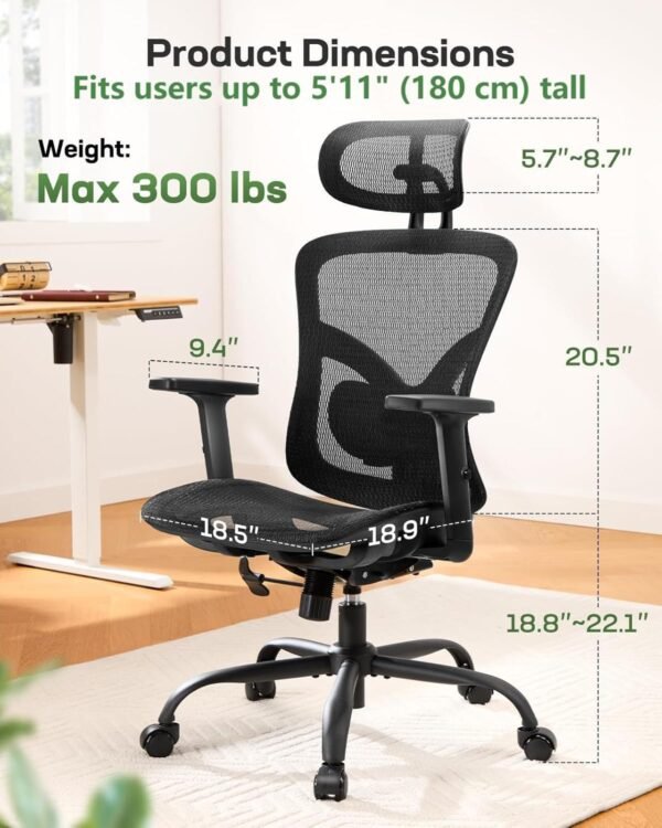 Totnz Cadeira de escritório ergonômica, cadeira ergonômica para jogos com suporte lombar ajustável, encosto de cabeça 2D e braços para cima e para baixo - Imagem 2