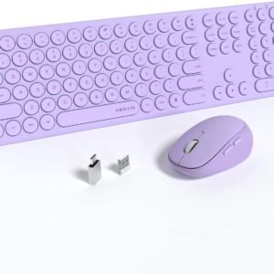 UBOTIE Teclado e mouse sem fio, interruptores de tesoura silenciosos, conjunto de mouses finos, silencioso, tamanho completo, 111 teclas com mouse DPI óptico ajustável para escritório (roxo claro)