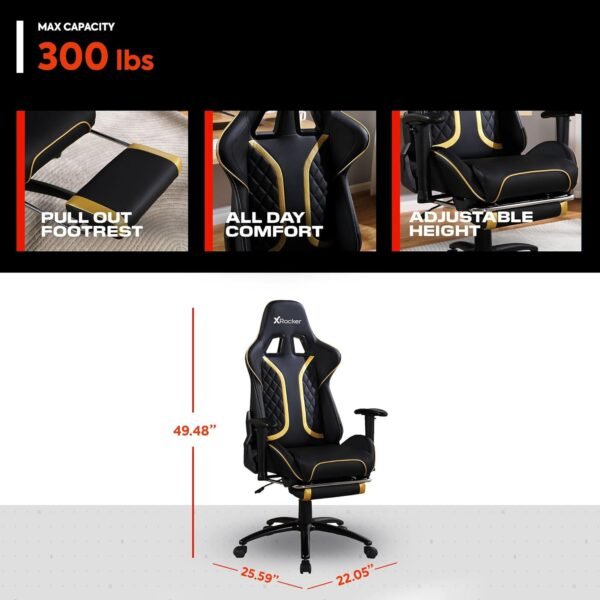 X Rocker Cadeira para jogos Elite PC apoio para os pés, preta e amarela - Imagem 2