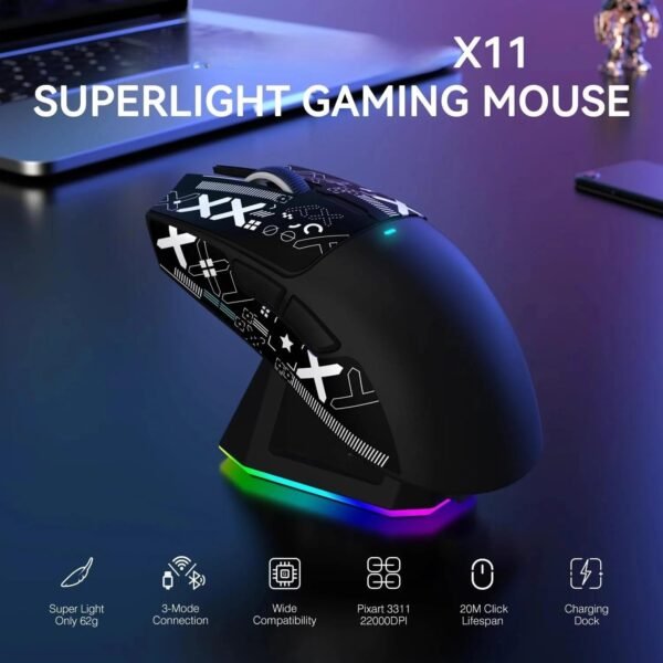 X11 Mouse sem fio leve, 62g, RGB, conexão tri-modo (2.4G/USB-C/BT), 22K DPI, sensor PAW3311, 5 botões programáveis, base de carregamento RGB, compatível com PC/Mac-Preto+Tape - Imagem 2