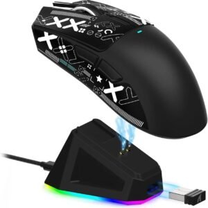 X11 Mouse sem fio leve, 62g, RGB, conexão tri-modo (2.4G/USB-C/BT), 22K DPI, sensor PAW3311, 5 botões programáveis, base de carregamento RGB, compatível com PC/Mac-Preto+Tape