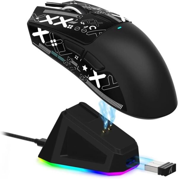 X11 Mouse sem fio leve, 62g, RGB, conexão tri-modo (2.4G/USB-C/BT), 22K DPI, sensor PAW3311, 5 botões programáveis, base de carregamento RGB, compatível com PC/Mac-Preto+Tape