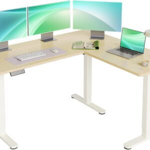 YDN Mesa de pé em forma de L, mesa elétrica em forma de L com motor duplo de altura ajustável, mesa de canto de 163 x 139 cm com placa de emenda para escritório em casa, mesa grande, natureza