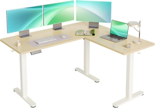 YDN Mesa de pé em forma de L, mesa elétrica em forma de L com motor duplo de altura ajustável, mesa de canto de 163 x 139 cm com placa de emenda para escritório em casa, mesa grande, natureza