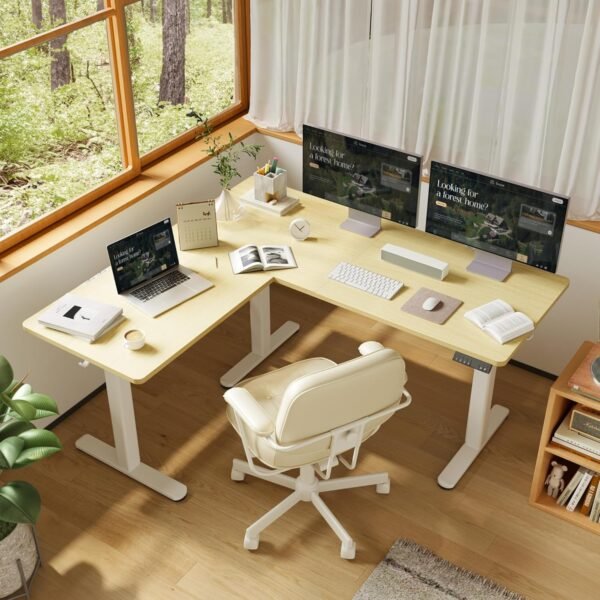YDN Mesa de pé em forma de L, mesa elétrica em forma de L com motor duplo de altura ajustável, mesa de canto de 163 x 139 cm com placa de emenda para escritório em casa, mesa grande, natureza - Imagem 2