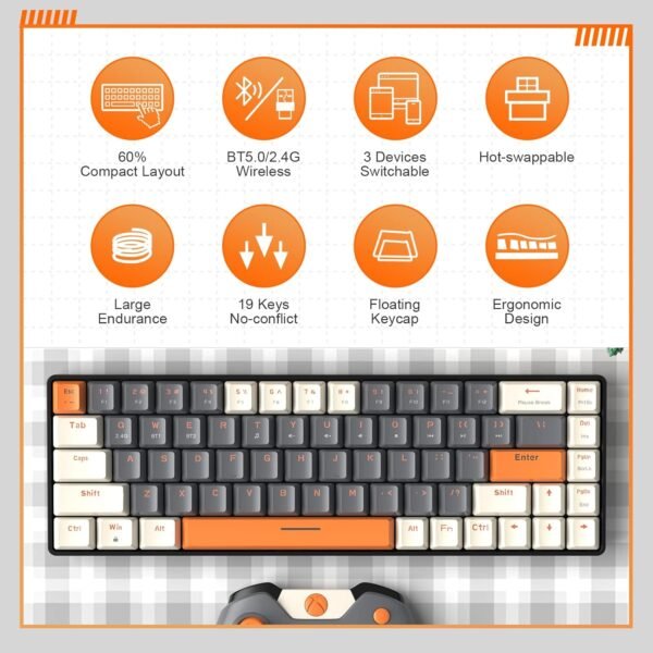 YINDIAO Teclado Mecânico para Jogos K68 60% Sem Fio, Bluetooth 5.0/2.4 GHz, Receptor USB-C 2 em 1, Troca a Quente, Layout Compacto EUA de 68 Teclas, Economia de Energia, Interruptor Azul - Imagem 2