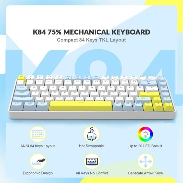YINDIAO Teclado para jogos K84 75% mecânico, teclado compacto com layout TKL de 84 teclas, troca a quente, retroiluminação de 18 LEDs, anti-fantasma, com cabo USB-C enrolado profissional, ergonômico, - Imagem 2