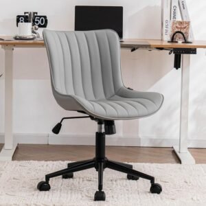 YOUNIKE Cadeira de mesa cinza ergonômica para escritório em casa com rodas, confortável, sem braços, com encosto ajustável, moderna, estofada, giratória, cadeira pequena e fofa para mulheres