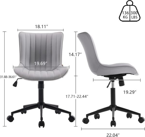 YOUNIKE Cadeira de mesa cinza ergonômica para escritório em casa com rodas, confortável, sem braços, com encosto ajustável, moderna, estofada, giratória, cadeira pequena e fofa para mulheres - Imagem 2