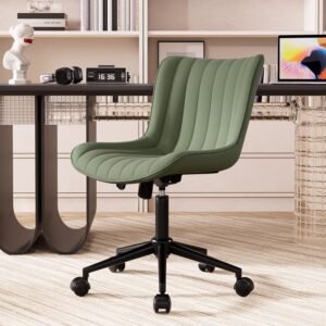 YOUNIKE Cadeira ergonômica para escritório em casa com rodas, confortável, sem braços, cadeira de vaidade com encosto ajustável, de couro, moderna, estofada, giratória, pequena e fofa, cadeira de