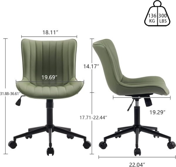 YOUNIKE Cadeira ergonômica para escritório em casa com rodas, confortável, sem braços, cadeira de vaidade com encosto ajustável, de couro, moderna, estofada, giratória, pequena e fofa, cadeira de - Imagem 2