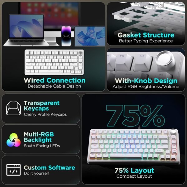 YUNZII Teclado mecânico com fio B75, teclado 75% hot swappable com botão, teclado para jogos com junta retroiluminada RGB com teclas PBT de tiro duplo, perfil cereja, WIN/MAC (branco, interruptor - Imagem 2