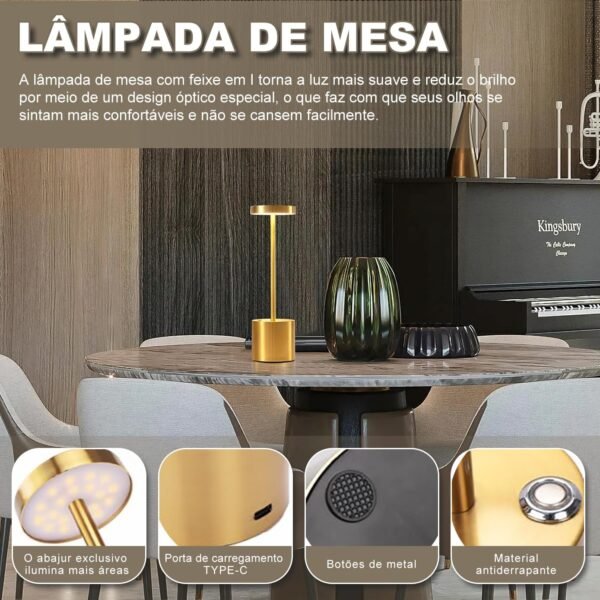 Yedelna Luminária de Mesa, Abajur Sem Fio, Luminária Recarregável, Abajur Quarto, Luminária de Mesa Luminaria Sem Fio, Dourado, Alumínio e PMMA - Imagem 2