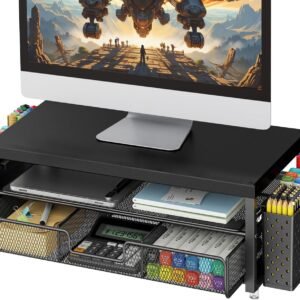 gianotter Organizadores de mesa e acessórios, suporte para monitor com gaveta e suporte de caneta, elevador de monitor de madeira - adequado para escritório e casa (madeira preta + metal)