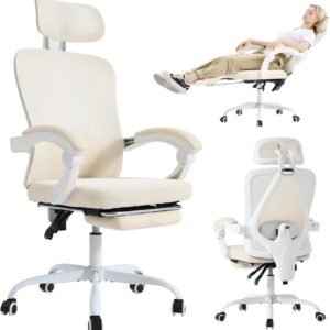 kimupa Cadeira de escritório ergonômica, suporte lombar ajustável, capacidade de 181 kg, apoio para os pés retrátil, malha respirável, encosto de cabeça ajustável (off-white)